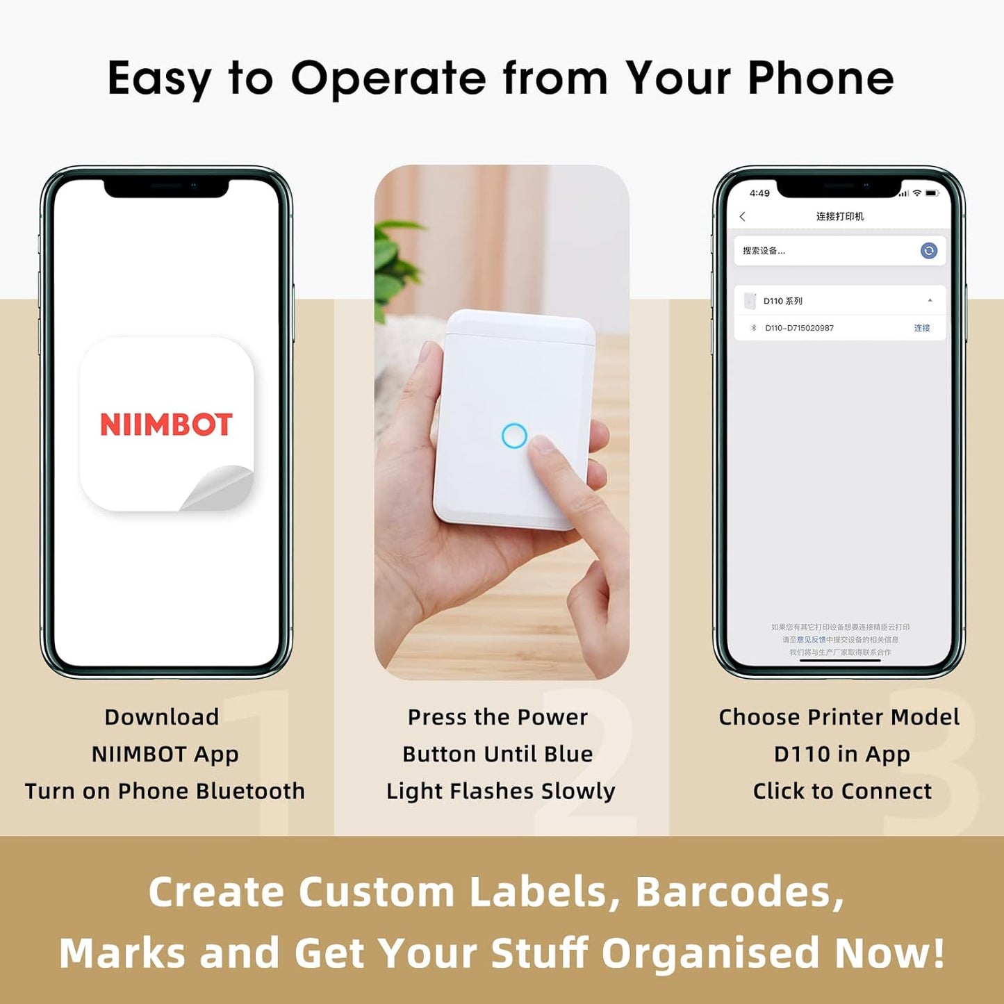 Scanzion D110 Portable Bluetooth Inkless Label Maker for Home and Business - 1 Roll of White Labels Included - Instant Printing (White)