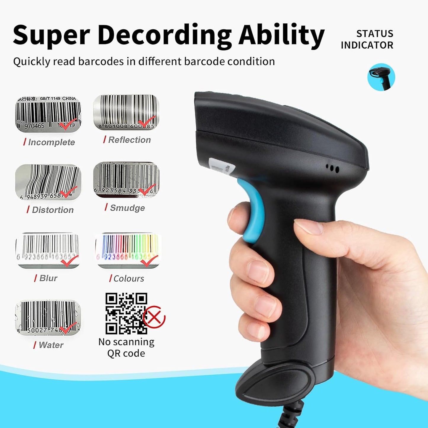 Scanzion HT410 Barcode and QR 2D &1D Wired Handheld Indicator with Induction scanning and Suffix Settings 2D Camera Barcode Scanner  (Handheld)