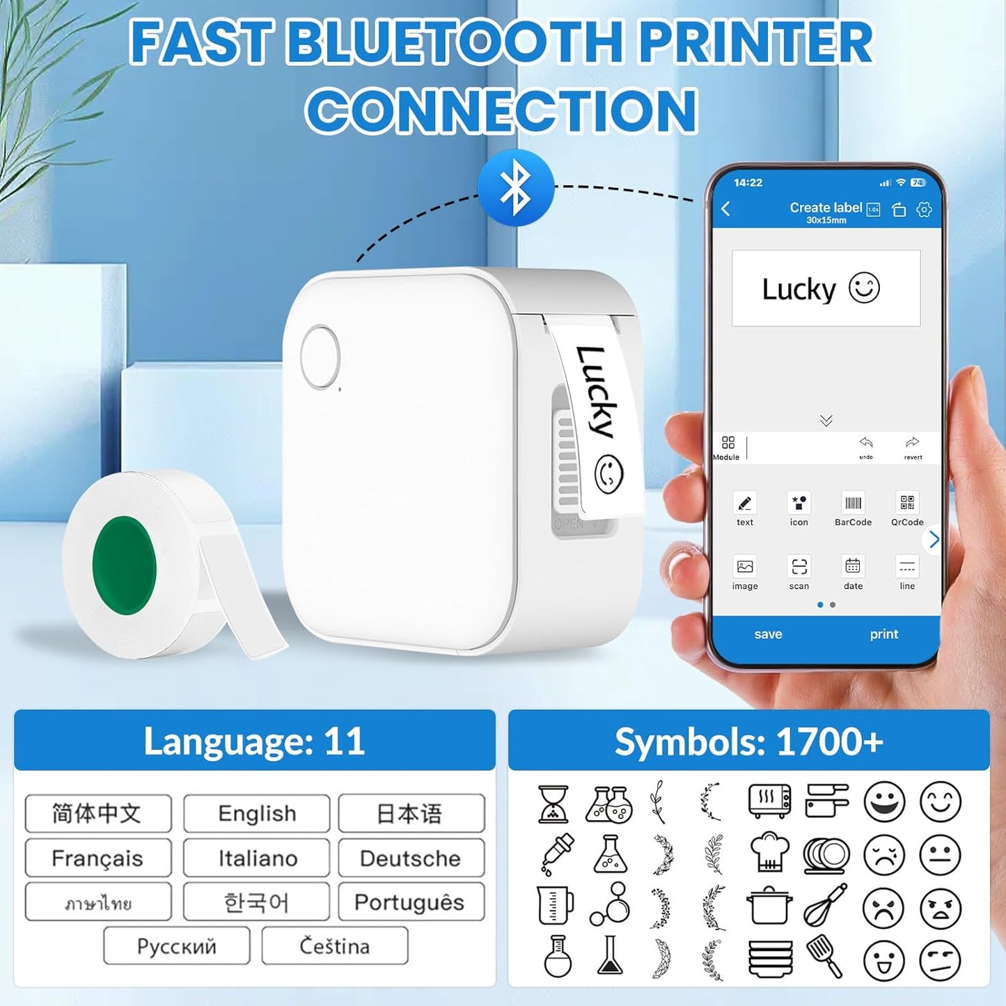 Scanzion HE24 Palm-Sized Bluetooth Wireless Label mini Thermal Printer|Connect(iOS/Android)