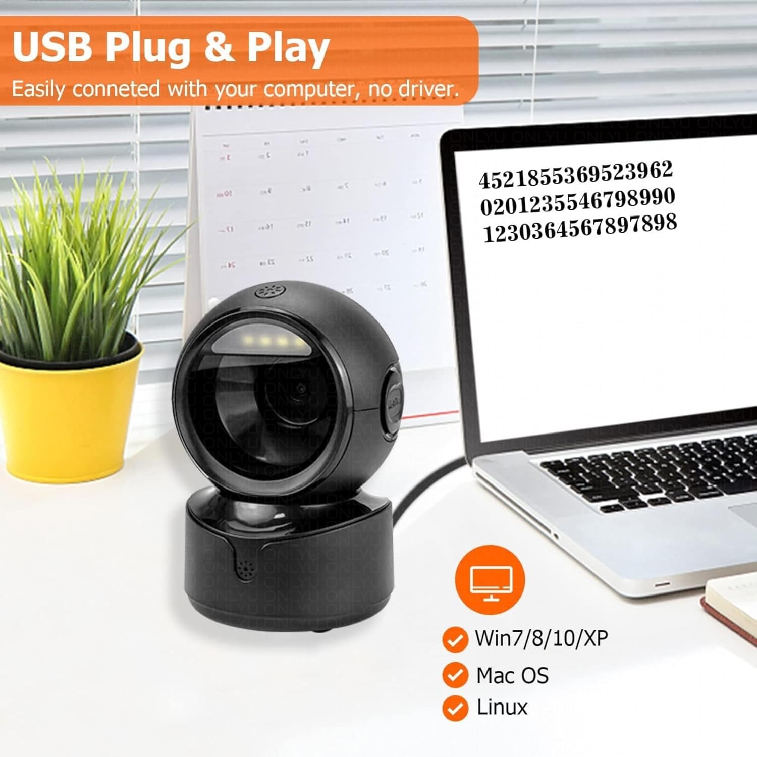 Scanzion Hands-Free 2D & 1D USB Desktop Barcode Scanner with 300K CMOS Global Exposure Scan Engine |Larger Scan Window|Adjustable Angle|Buzzer LED 2D Camera Barcode Scanner
