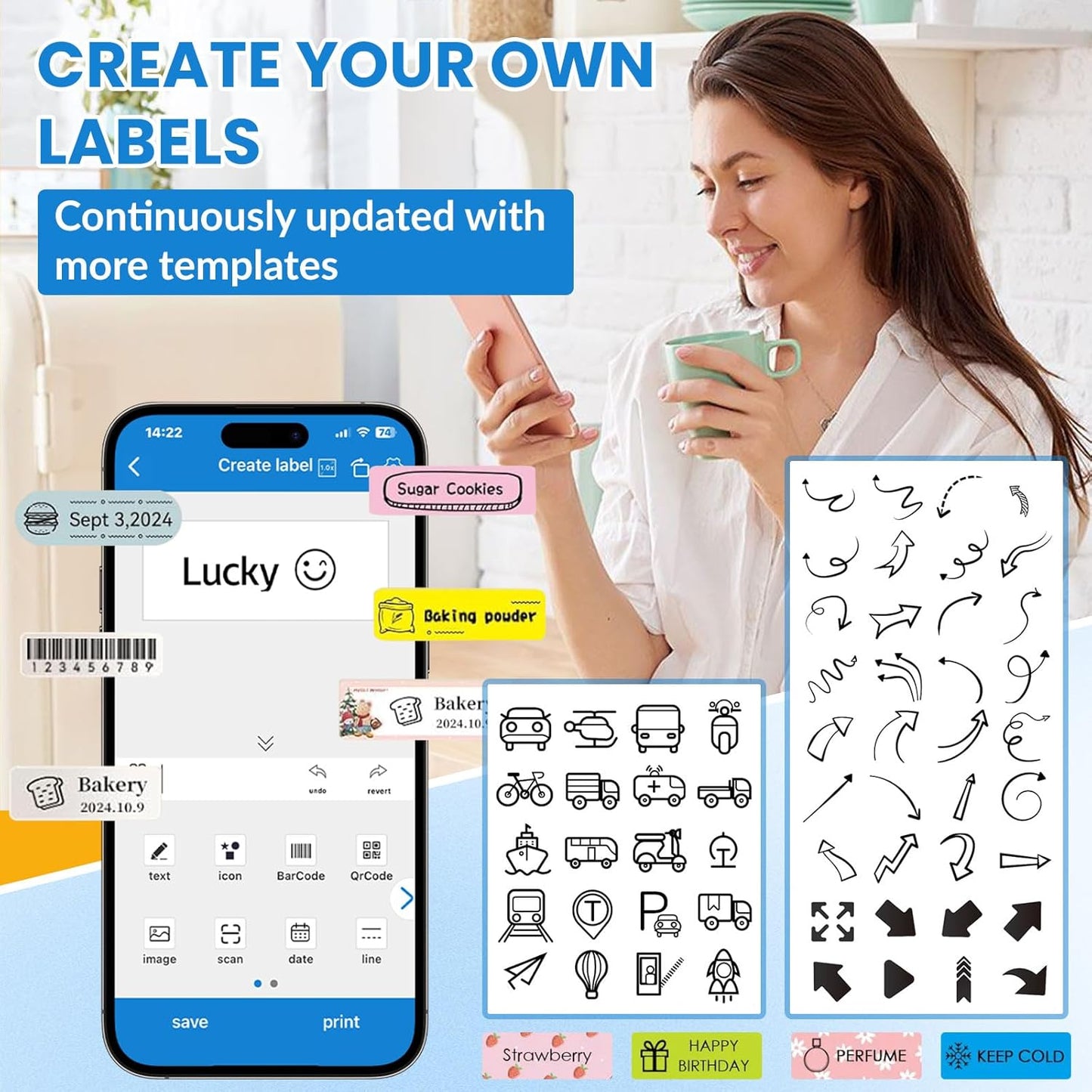 Scanzion HE24 Palm-Sized Bluetooth Wireless Label mini Thermal Printer|Connect(iOS/Android)