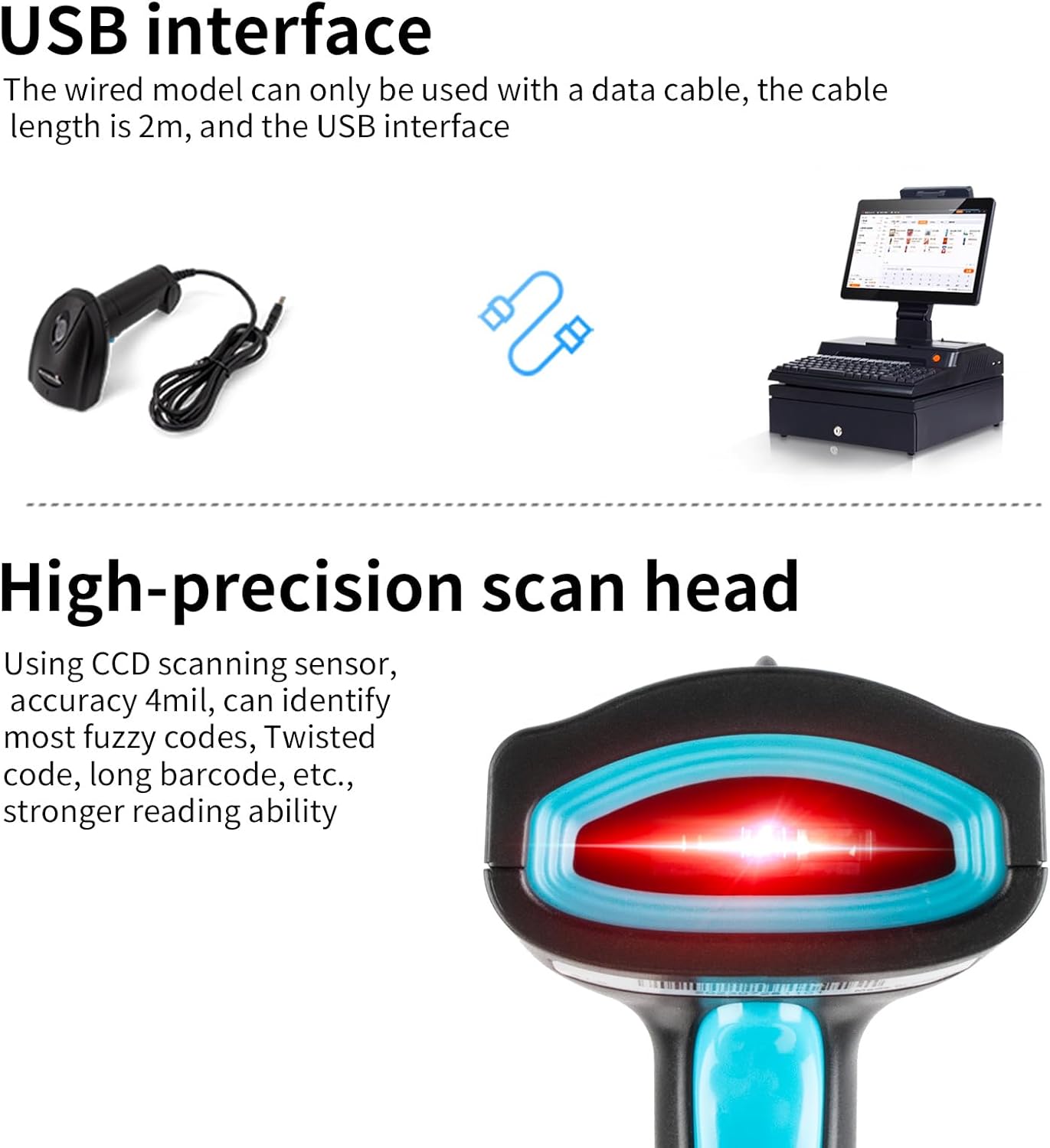 Scanzion HT410 Barcode and QR 2D &1D Wired Handheld Indicator with Induction scanning and Suffix Settings 2D Camera Barcode Scanner  (Handheld)