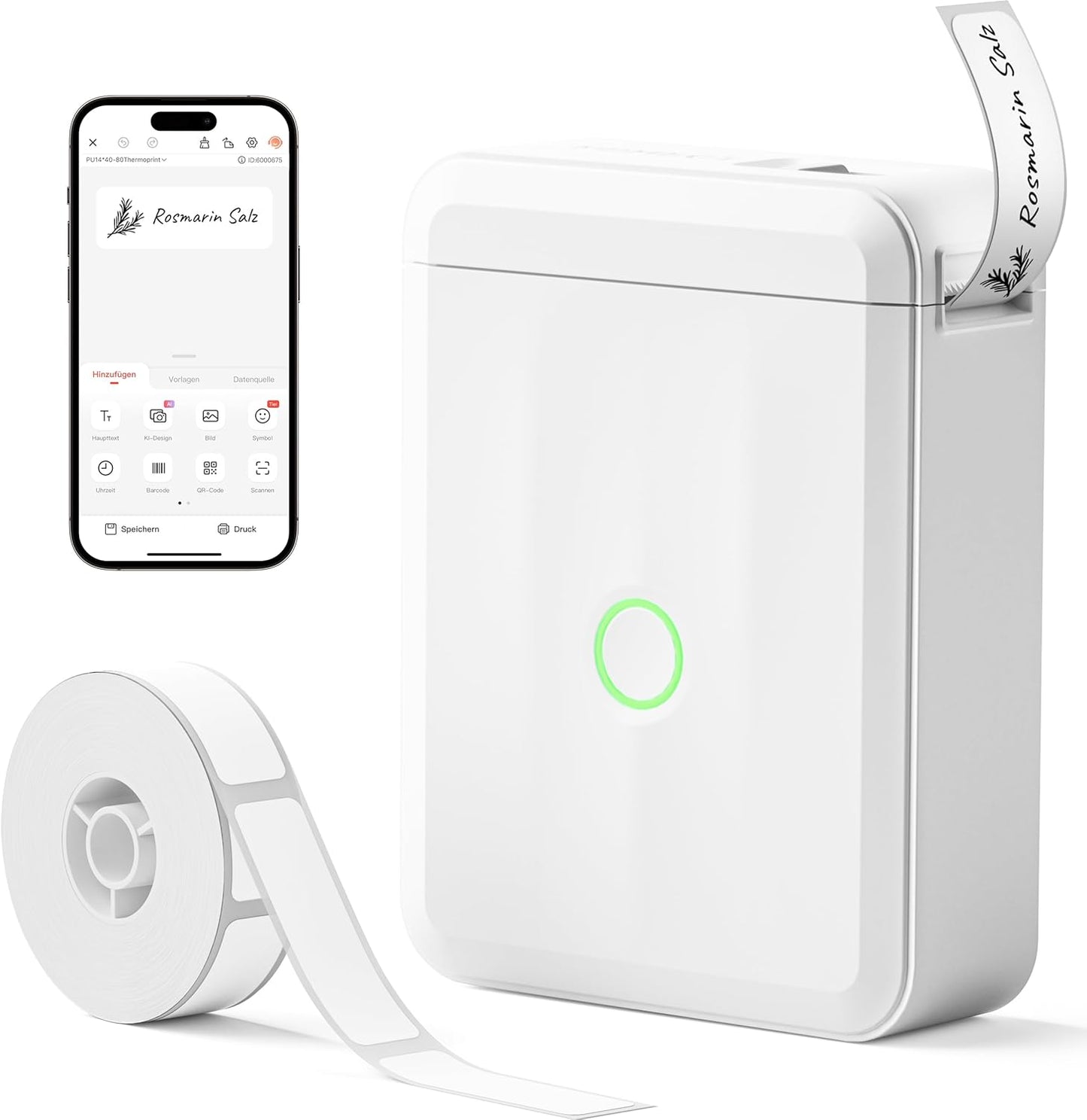 Scanzion D110 Portable Bluetooth Inkless Label Maker for Home and Business - 1 Roll of White Labels Included - Instant Printing (White)