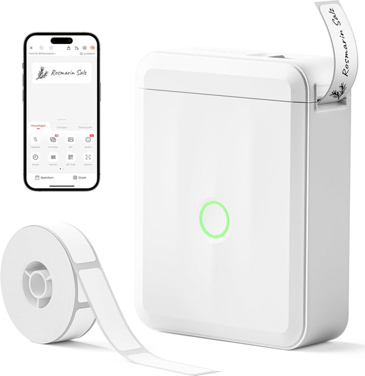 Scanzion D110 Portable Bluetooth Inkless Label Maker for Home and Business - 1 Roll of White Labels Included - Instant Printing (White)
