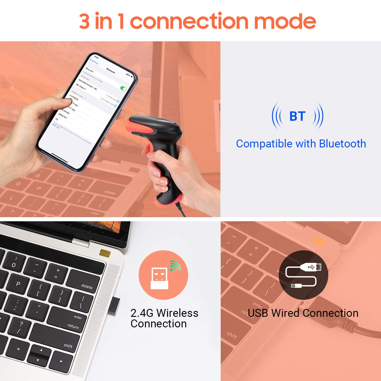 Scanzion Wireless 2D & 1D (Bluetooth+USB+2.4GHz) Barcode Scanner(QR Code)Wired U4 2D Camera Barcode Scanner