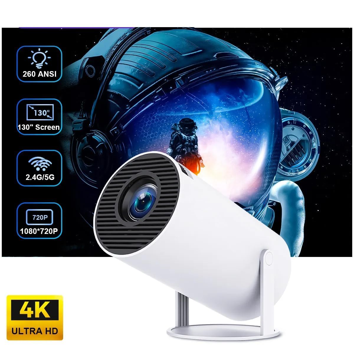 Portable Mini Projector, 4K 1080P Full HD Projector, Support Video Projector, WiFi 5G BT 5.0, Cinema Projector 180° Can Be Rotated, Android 11