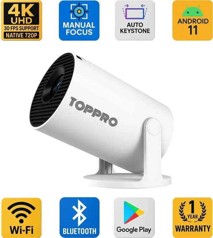 TOPPRO HY300PRO+ | 4K Support Android Projector | Native 720p | Freestyle WiFi Miracast (4500 lm / 1 Speaker / Wireless / Remote Controller) Portable Projector  (White)